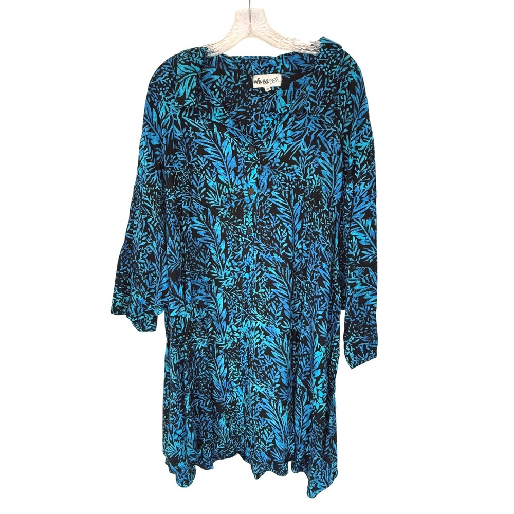 VTG We Be Bop Blue Black Tropical Batik Leaf Button Down Tunic Shirt 4X Plus